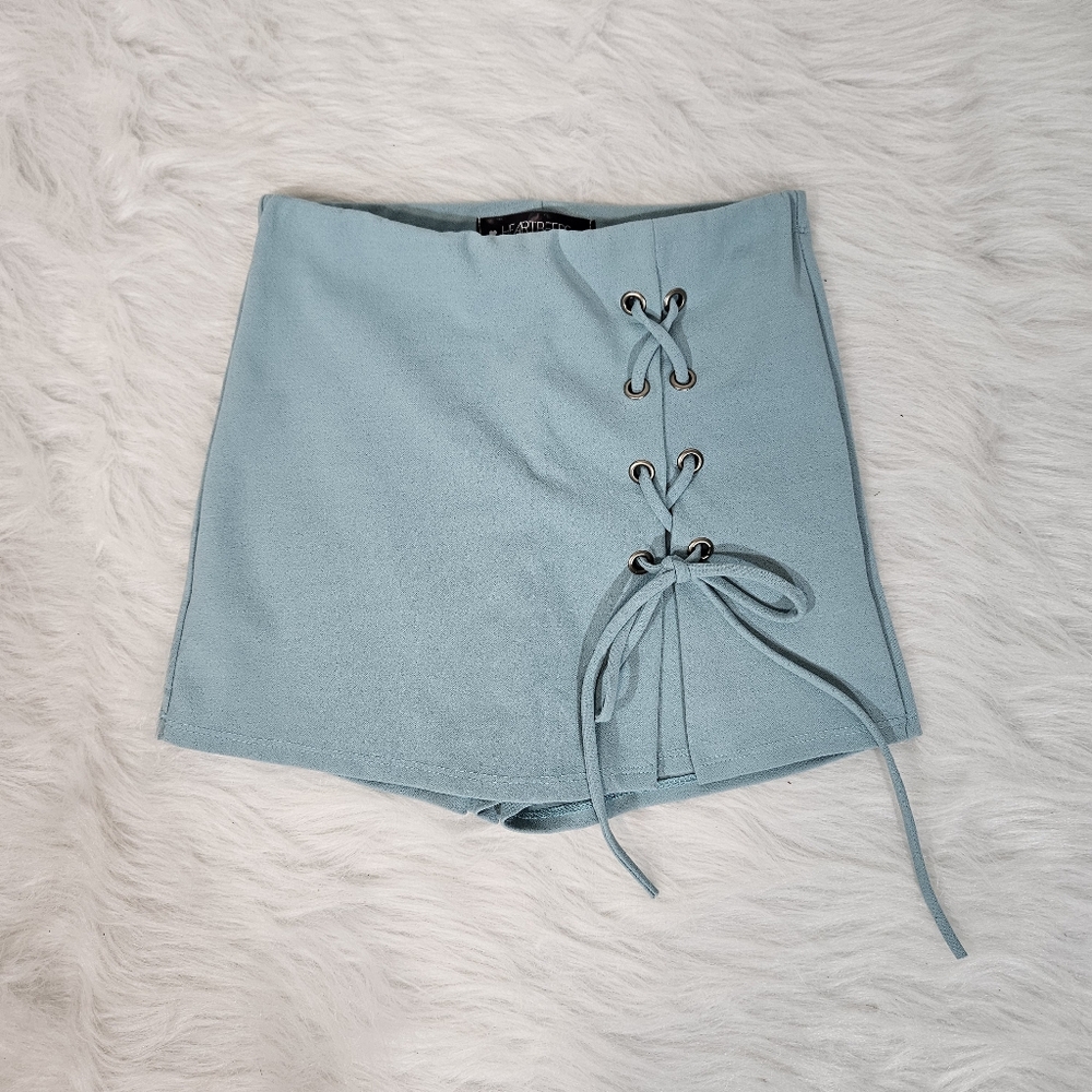 Light Blue Lace-Up Mini Skirt Shorts